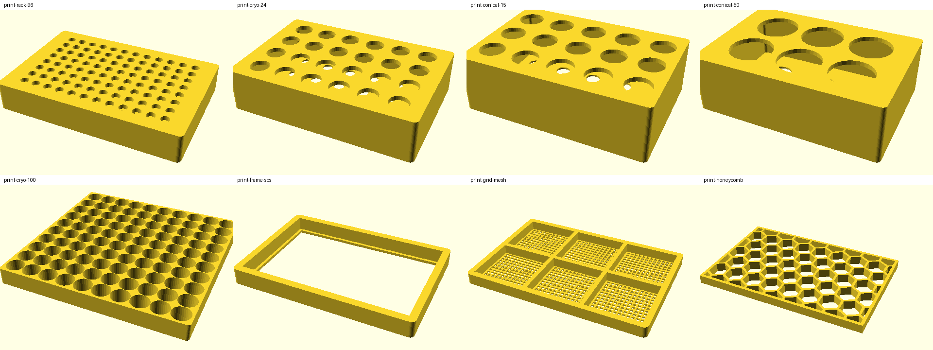 Renders of the eight printable labware remixes: 96, 24, 15 and 6-position tube racks, a 10 by 10 cryo grid insert, a lipped SBS frame, a screened grid frame and a honeycomb insert